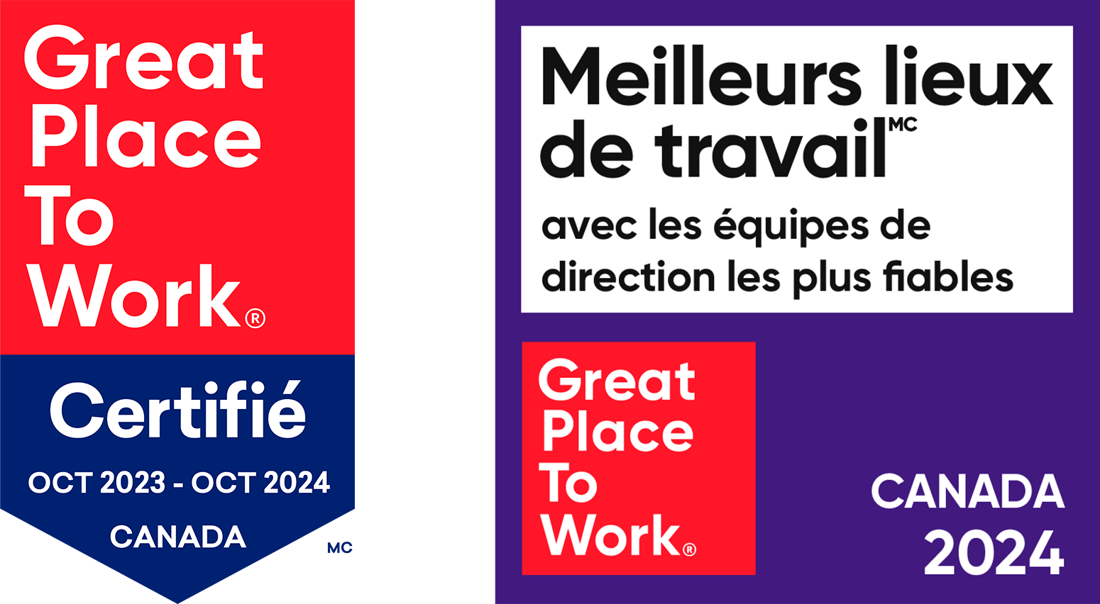 Great Place to Work logos - Certifié 2024 et Meilleurs lieux de travail